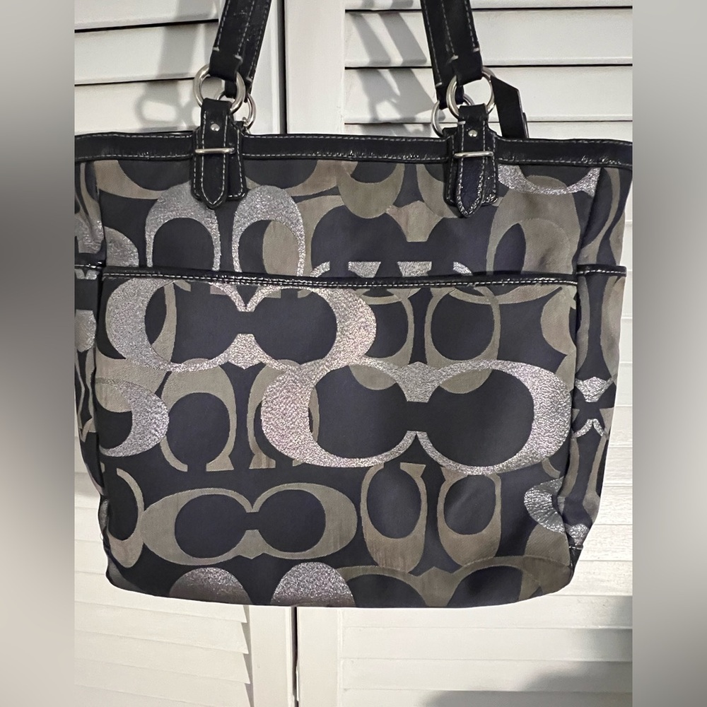 Coach Navy Blue & Silver Signature Jacquard Tote. Navy Blue Leather& Handles - Picture 9 of 13